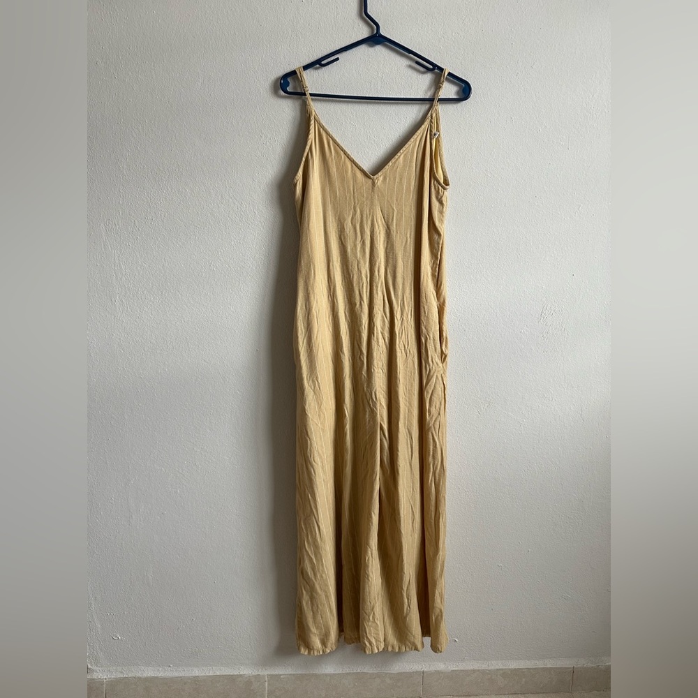 WITH POCKETS! Yellow striped spaghetti strap jumpsuit.